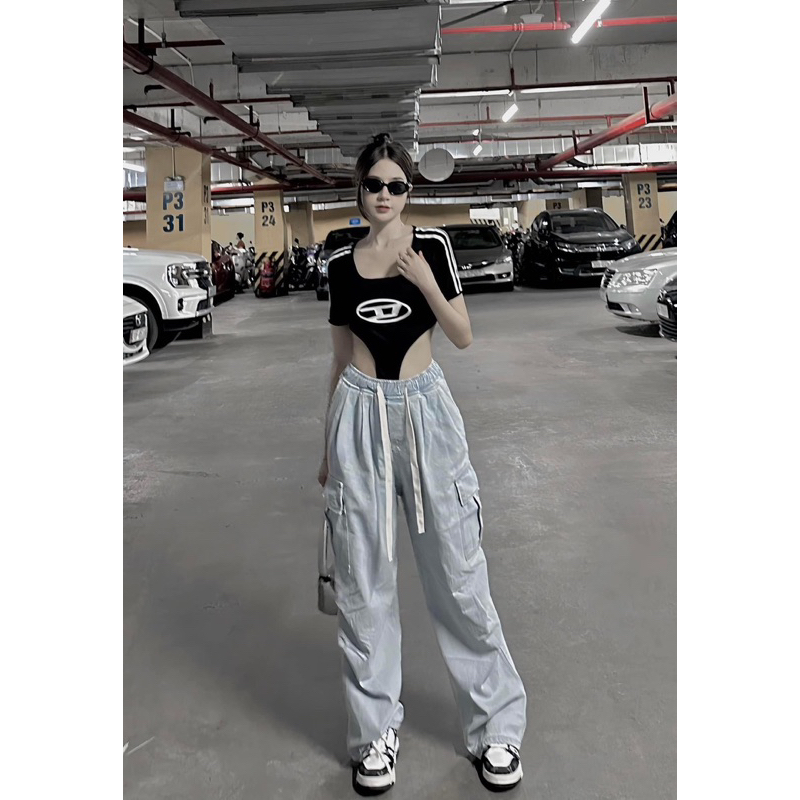 set bodysuit chữ+ quần jeans suông mềm