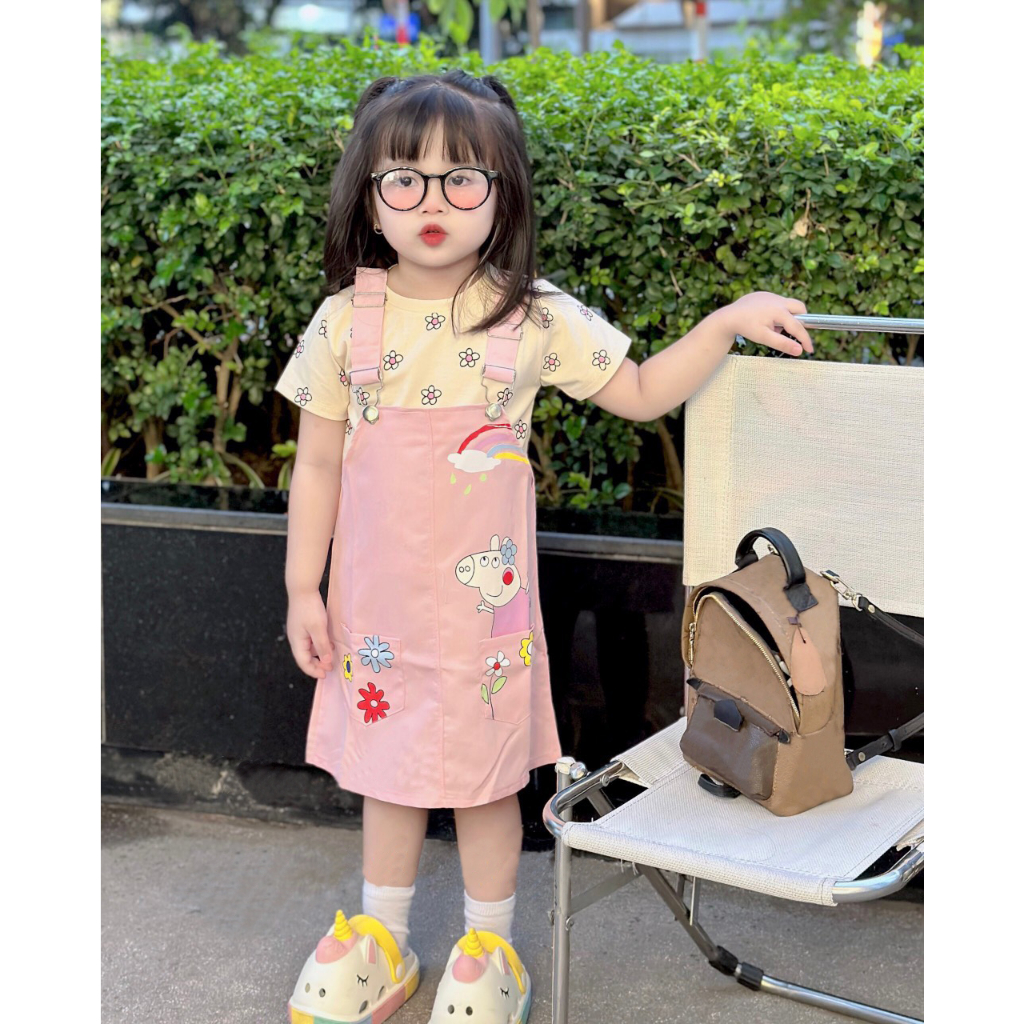 ( 9-22kg ) Set áo + yếm cho bé gái màu hồng dễ thương chất kaki mềm mại size 9-22kg TE365