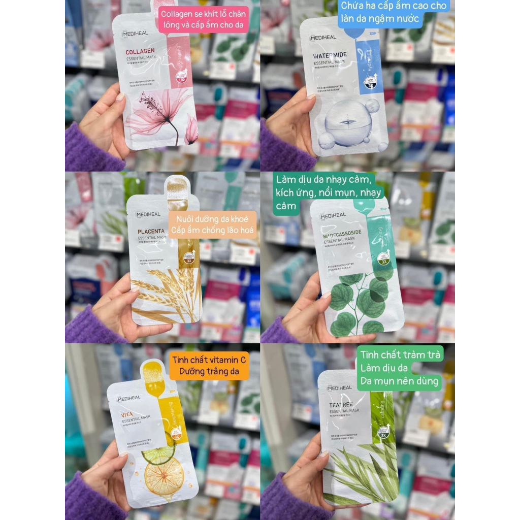 MEDIHEAL TEATREE/PLACENTA/VITA/COLLAGEN CARE SOLUTION ESSENTIAL MASK / Mặt nạ trà xanh