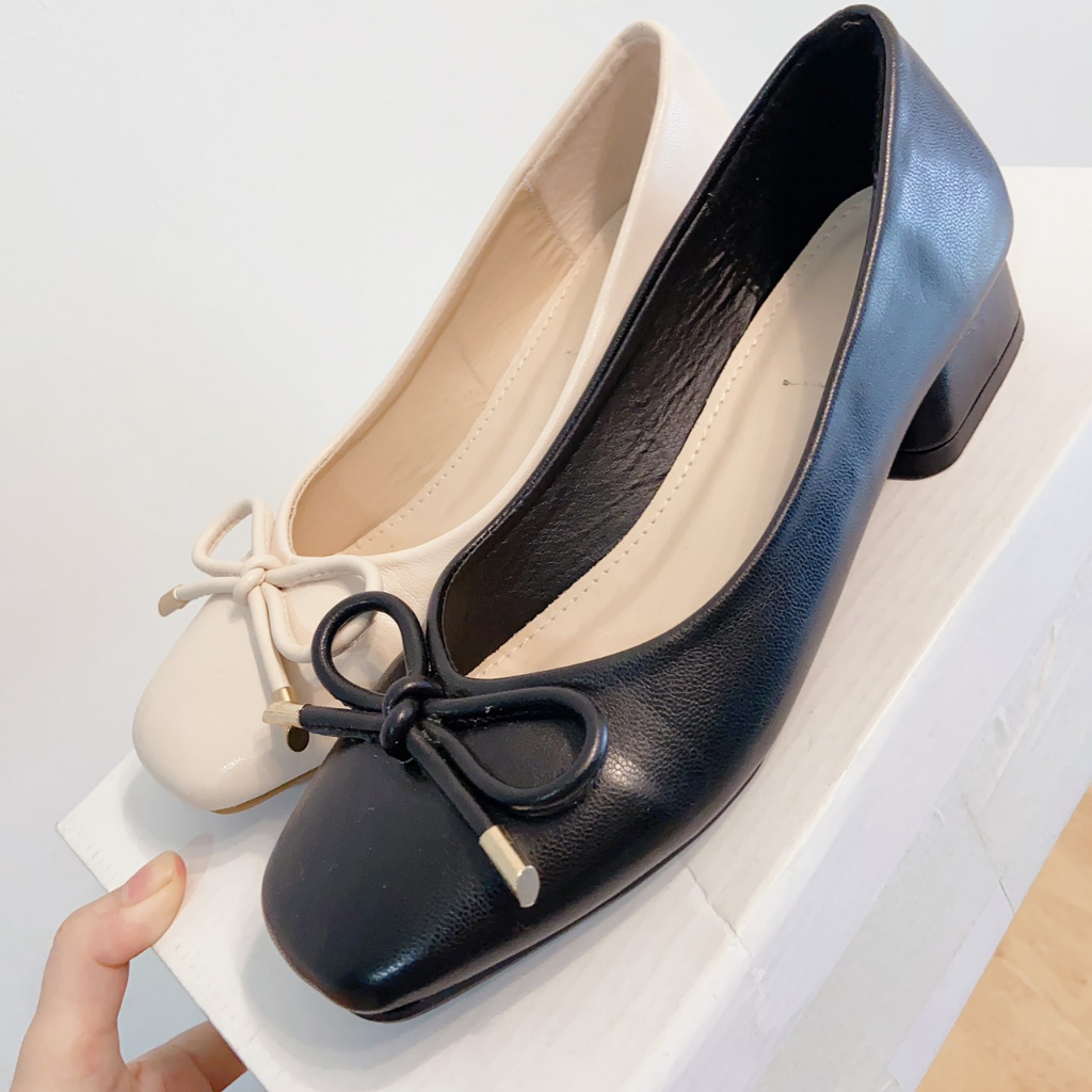 Giày búp bê 3cm đế cao su da siêu mềm nơ  chuông.