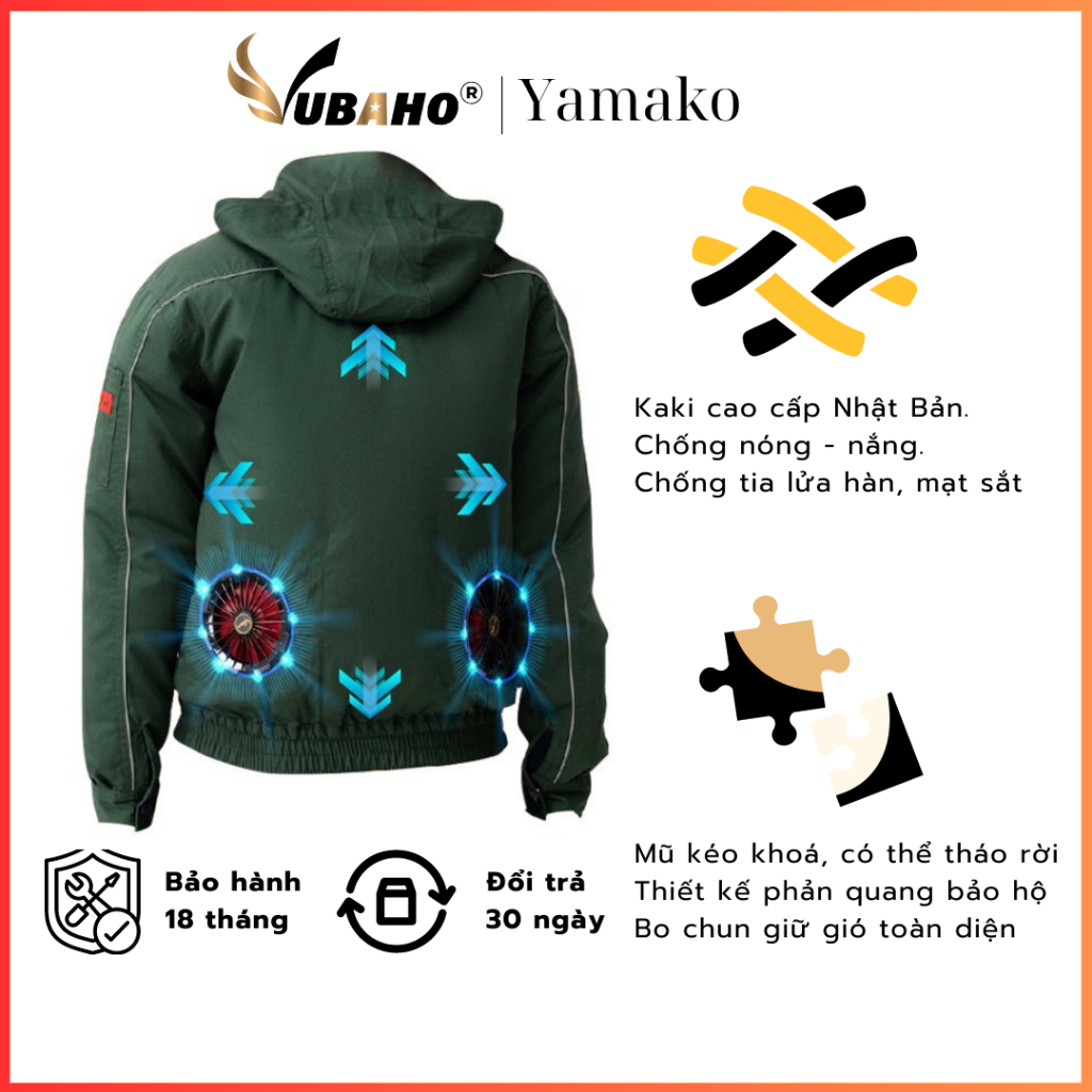Áo điều hoà Yamako bán rời,Áo Quạt điều hòa Nhật Bản XANH RÊU VUA BẢO HỘ, Áo bảo hộ lao động, bảo hành 18 tháng