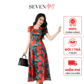 [Mã BMLTB200 giảm đến 100K đơn 499K] Đầm xoè dài ngắn tay thời trang nữ Lụa hoa đỏ hoa cuốn ngực Seven.AM B633297I