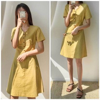 Đầm vàng cổ V form ngắn (kèm hình thật)