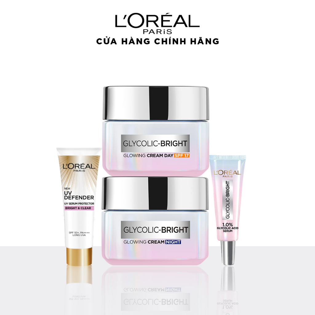 Bộ kem sáng da mờ thâm tức thì, serum cấp ẩm & chống nắng L'Oreal Paris Glycolic Bright