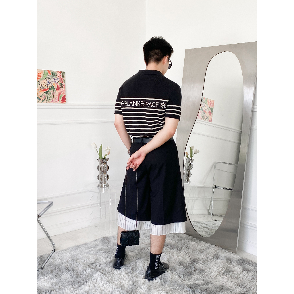 BLANKESPACE Áo Thun Tay Ngắn Signature Knit Tee Thời Trang Nam Nữ Unisex Màu Be/Đen Vải Cotton Dệt Kim