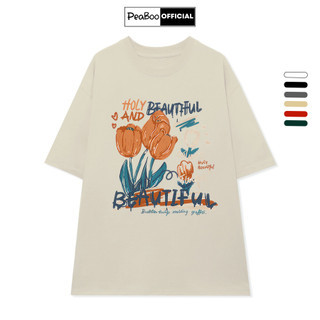 Áo Thun Nữ, Áo Phông Unisex By PEABOO Mã TN TULIP HOLY Chất Cotton Thoáng Mát Form Rộng Tay Lỡ Cho Nam Nữ