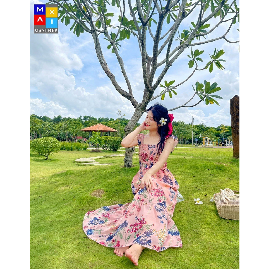 Đầm Cánh Tiên Maxi Đẹp Dài Freesize Họa Tiết Lá Hồng Xanh Tươi Mát
