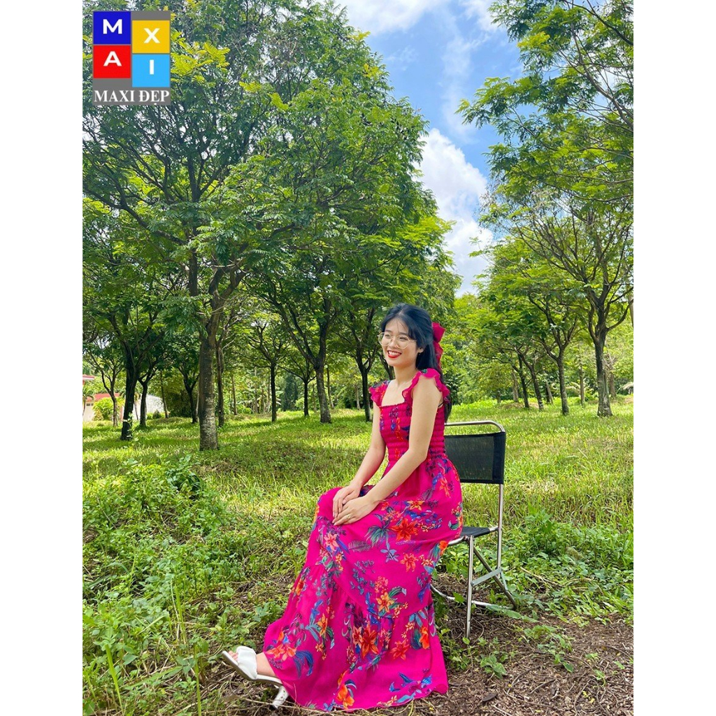 Đầm Cánh Tiên Maxi Đẹp Dài Freesize Họa Tiết Lá Hồng Xanh Tươi Mát