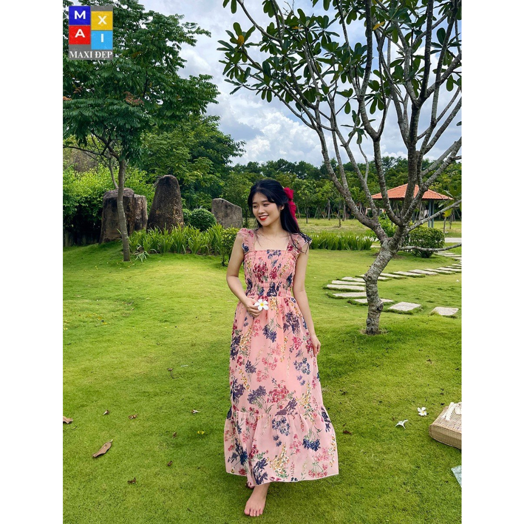Đầm Cánh Tiên Maxi Đẹp Dài Freesize Họa Tiết Lá Hồng Xanh Tươi Mát