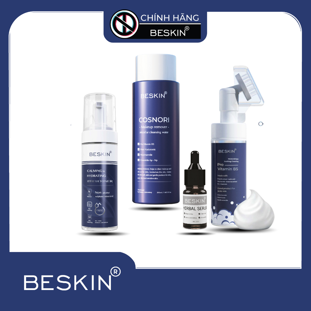 4 SẢN PHẨM GIÀNH CHO DA MỤN BESKIN - Bao gồm: Serum chấm mụn 5ml, Tẩy trang 210ml , Toner tạo bọt, Sữa rửa mặt