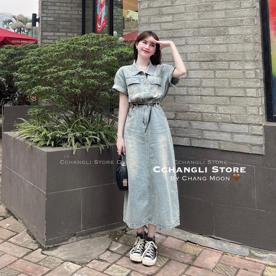Váy bò nữ dáng dài, váy maxi bò jeans xẻ sau, váy denmin cài khuy kèm thắt lưng đen, set váy bò áo cộc tay
