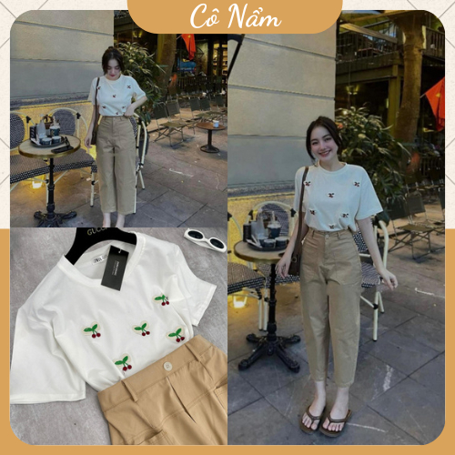 Set Bộ Quần Dài Nữ Áo Phông Trắng Ngắn Tay Màu Trắng Thêu Nổi Cherry Mix Quần Baggy Thô Túi Hộp Màu Nâu