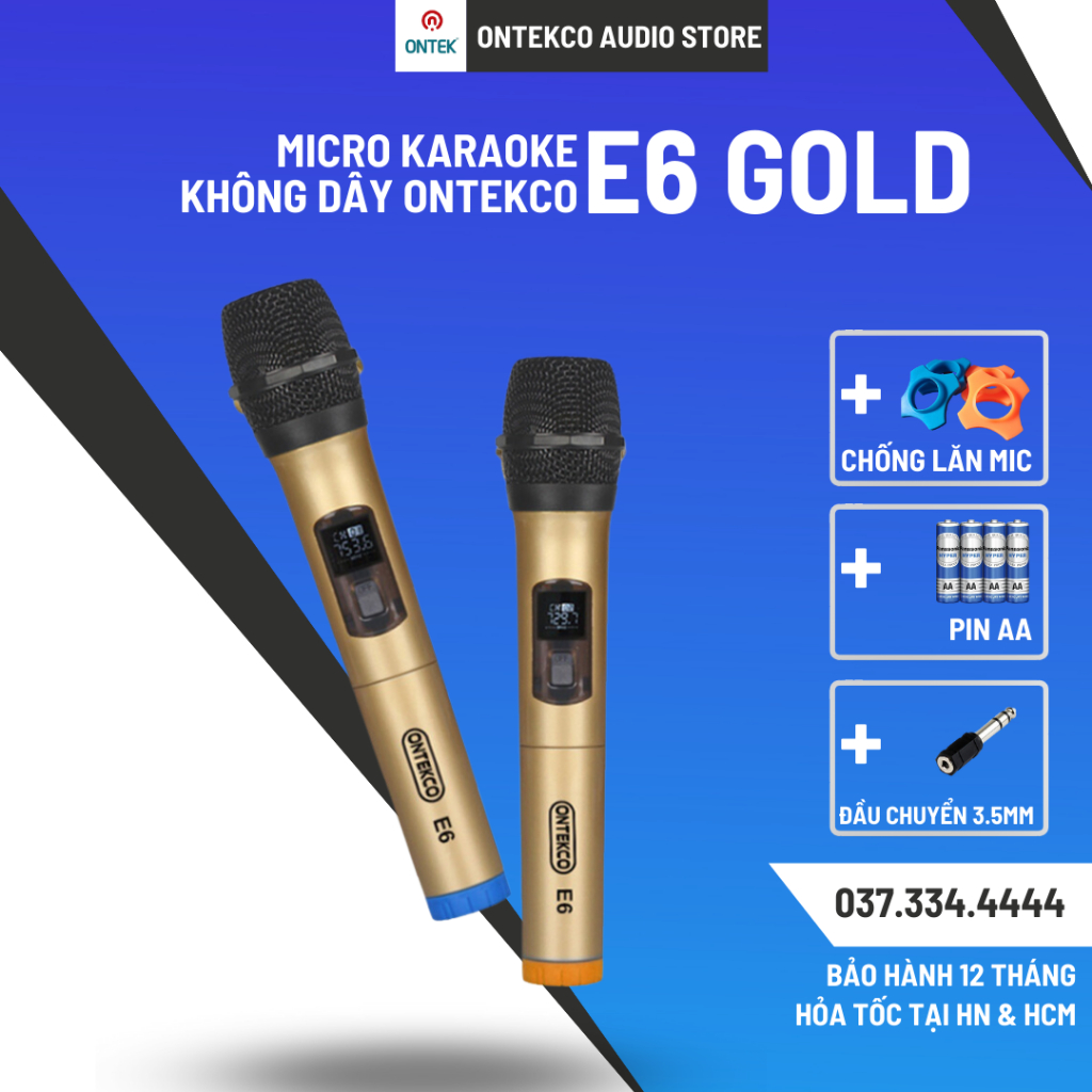 Bộ Micro Không dây ONTEK VIETNAM E6 màu vàng cao cấp, Chuyên cho mọi Amply, Loa kéo, Loa bluetooth