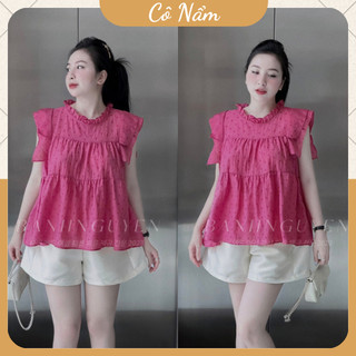 Set bộ đùi nữ áo kiểu nữ babydoll cánh tiên chấm bi bèo cổ mix quần sooc đùi màu kem freesize