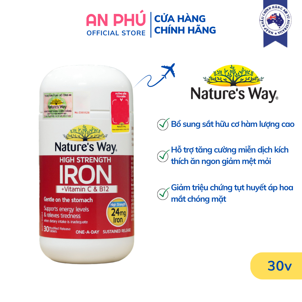 Viên Uống Sắt Hữu Cơ Nature’s Way High Strength Iron Cung Cấp Vitamin C Và B12 Hỗ Trợ Tuần Hoàn Máu Cho Người Lớn 30v/h