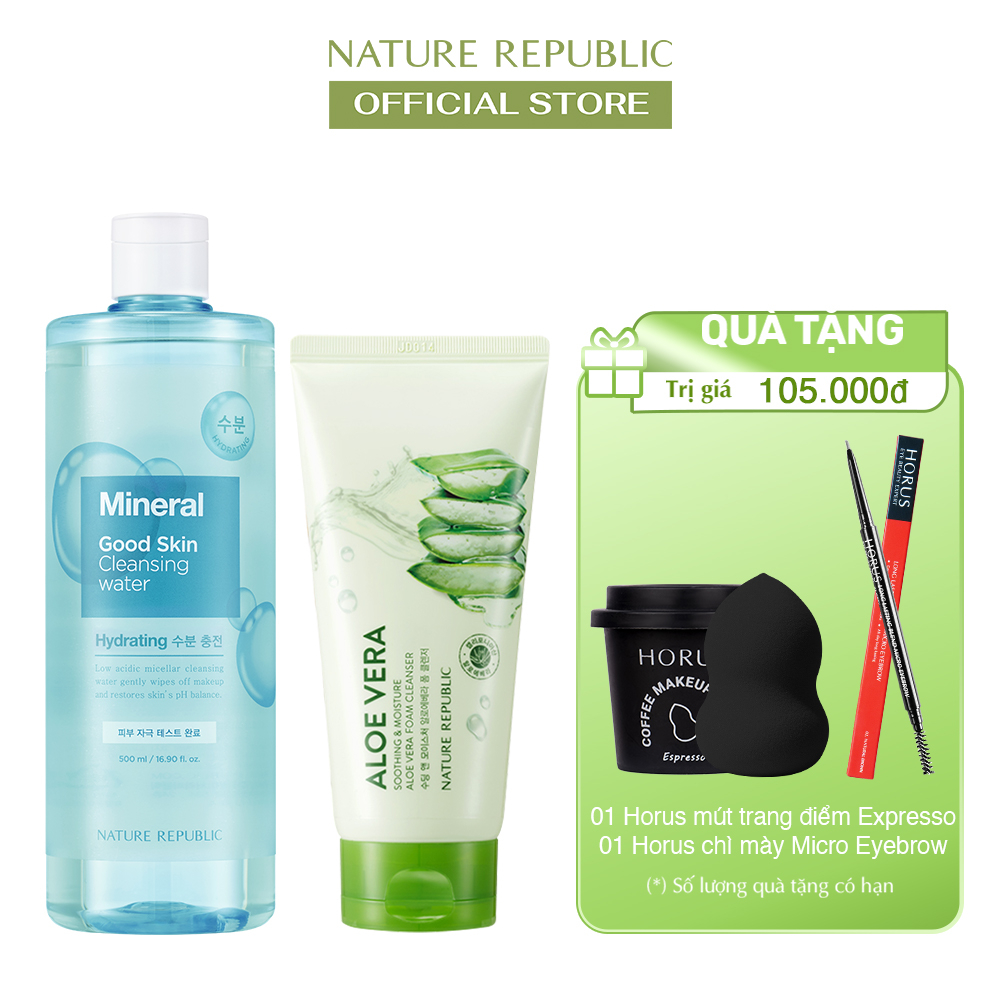 Combo NATURE REPUBLIC  Sữa rửa mặt Soothing & Moisture Aloe Vera Foam Cleanser 150ml  và Nước Tẩy Trang Mineral 500ml