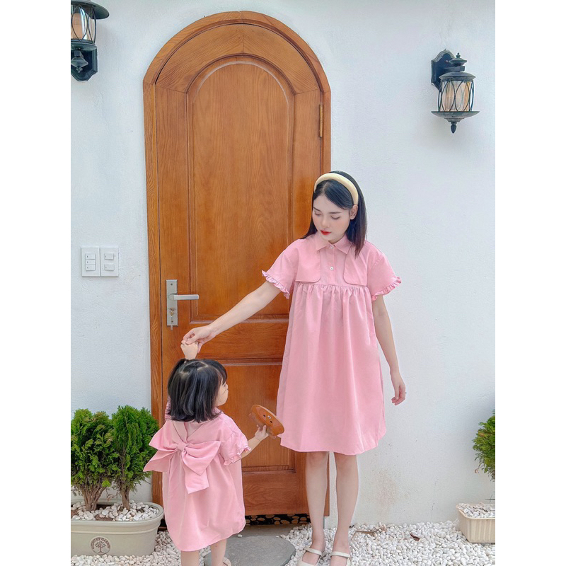 Váy đôi mẹ bé MYC - Váy babydoll có nơ sau Chất liệu Thô Hàn cao cấp