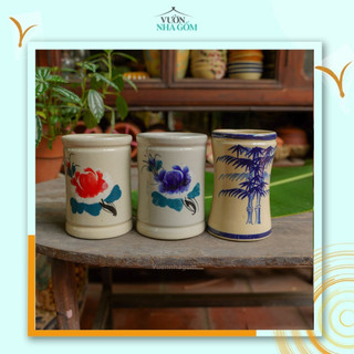 (combo khuyến mãi) Set 3 ống đựng đũa, cắm hoa vẽ thủ công, nhiều hoạ tiết, quà tặng- Vườn Nhà Gốm