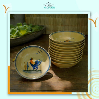 Set 5 cái dĩa trũng lòng vẽ gà, dĩa ảo vẽ con gà, đĩa gốm nam bộ, đĩa đựng thức ăn - Vườn Nhà gốm