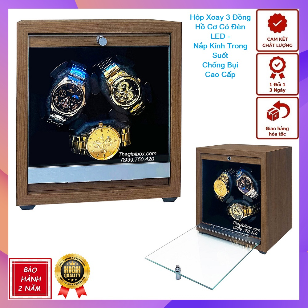 Hộp Xoay Lên Cót 3 Đồng Hồ Cơ Vỏ Gỗ Sần Có Đèn LED - Hộp Đồng Hồ Quay 3 Ngăn Cao Cấp Nắp Kính Chống Bụi