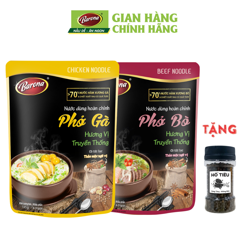 Combo 1 gói Nước dùng Phở Bò Barona 150g và 1 gói Nước dùng Phở Gà Barona 145g, tặng tiêu hạt