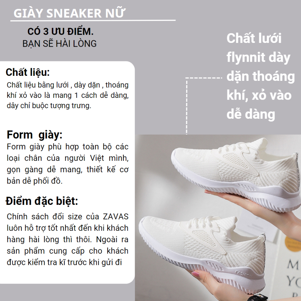 Giày thể thao sneaker nữ ZAVAS xỏ vào là mang đế êm nhẹ phần trên bằng lưới dày dặn thoáng khí - S393