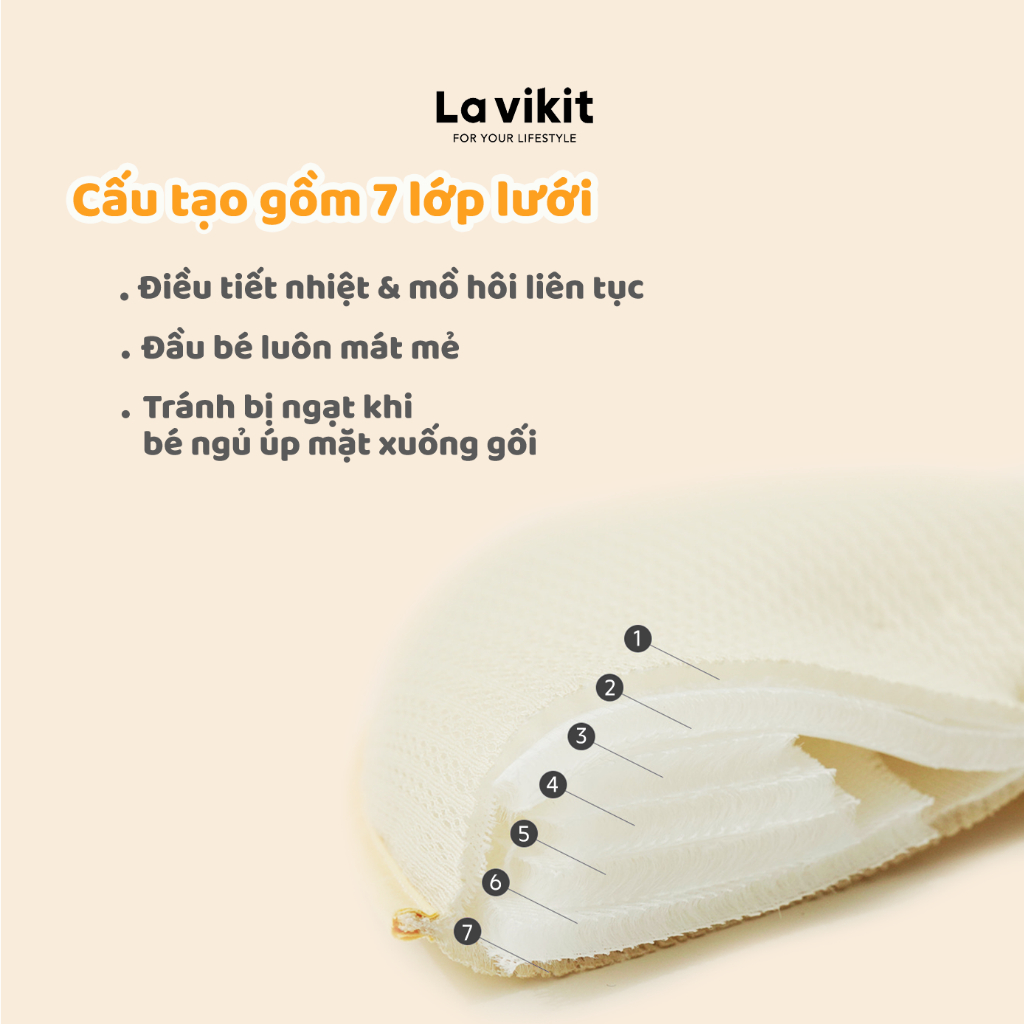 Gối nằm chống bẹt đầu vải lưới Tencel La vikit cho bé sơ sinh 1-18 tháng