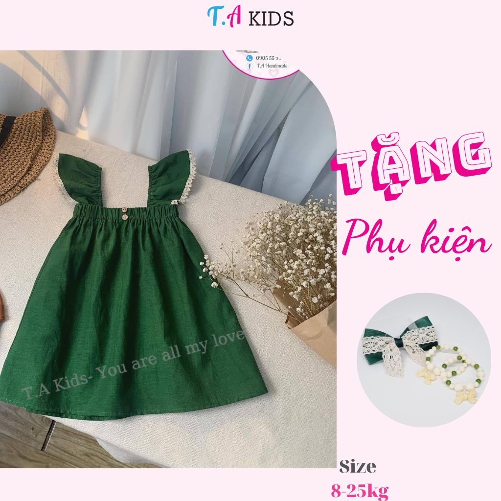 Váy đầm bé gái cổ vuông tay cánh tiên xanh cổ vịt T.A Kids 8-25kg