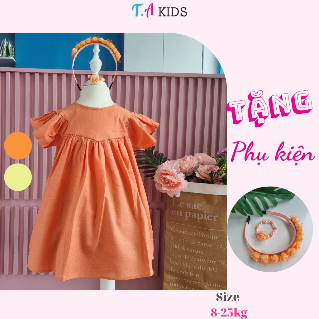 Váy đầm bé gái tay cánh tiên vải linen 2 màu cam và vàng T.A Kids 8-25kg