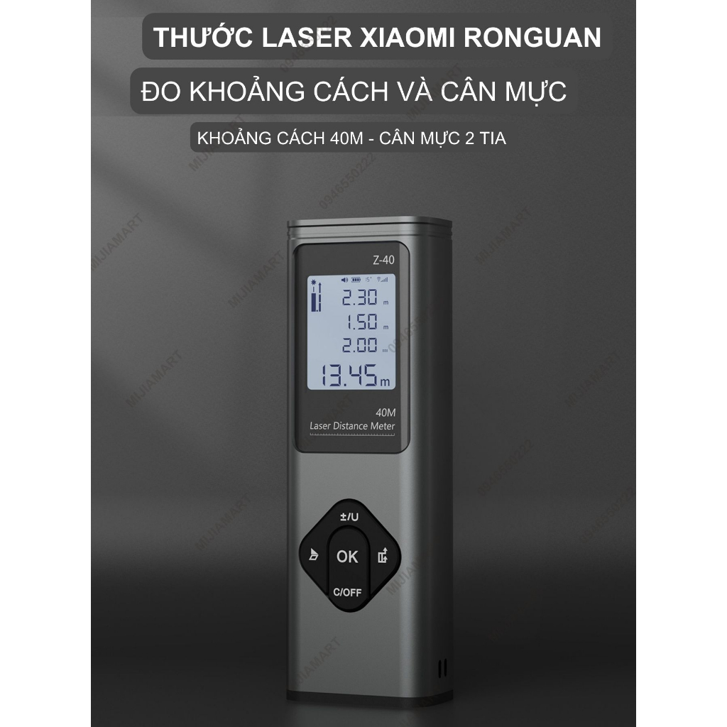 Thước đo laser Xiaomi. Máy đo khoảng cách laser, Màn hình oled cảm ứng, 18 chế độ đo 40M