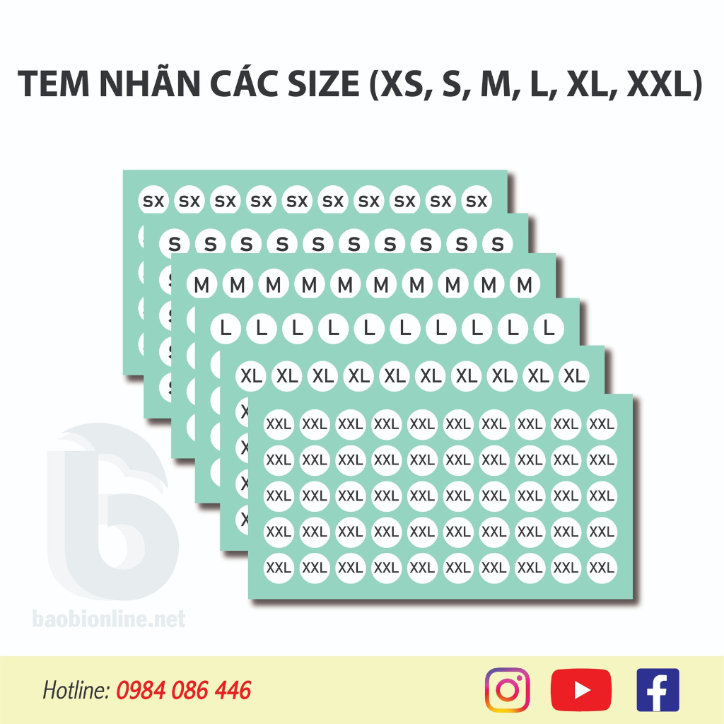 TEM DÁN | NHÃN DÁN DECAL HÌNH TRÒN DẠNG SIZE CHỮ QUẦN ÁO CÁC LOẠI GIÁ RẺ 1 TỜ SỐ LƯỢNG 50 CON