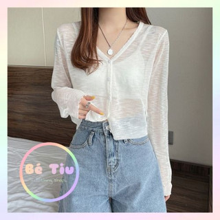 Áo Khoác Len Mỏng Cổ Tim Tay Dài, Áo Khoác Cardigan Dệt Kim Xuyên Thấu Cài Khuy Thời Trang Nữ | Bé Tiu Clothing