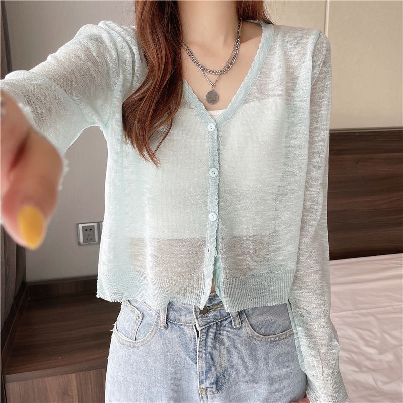 Áo Khoác Len Mỏng Cổ Tim Tay Dài, Áo Khoác Cardigan Dệt Kim Xuyên Thấu Cài Khuy Thời Trang Nữ | Bé Tiu Clothing