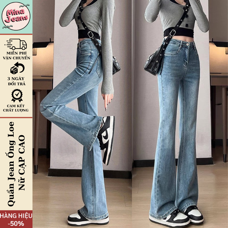 Quần jeans nữ ống loe co giãn, quần bò jean nữ ống đứng rộng suông CẠP CAO phong cách RETRO Hottrend 2023 MINA T023