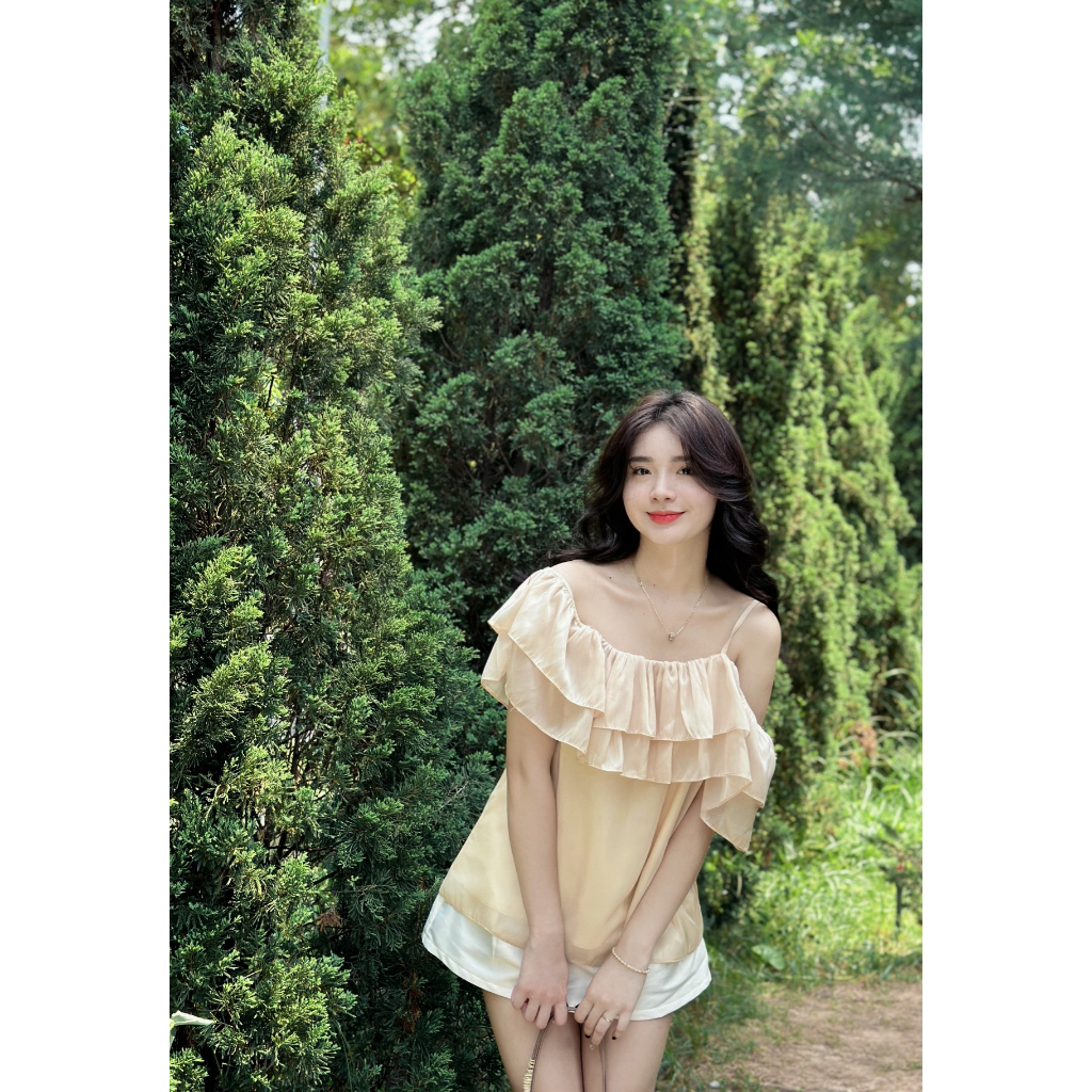 Áo kiểu trễ vai tay bồng tiểu thư ngực nhún bèo 2 tầng điệu đà ulzzang chất voan tơ deliz ChouChou