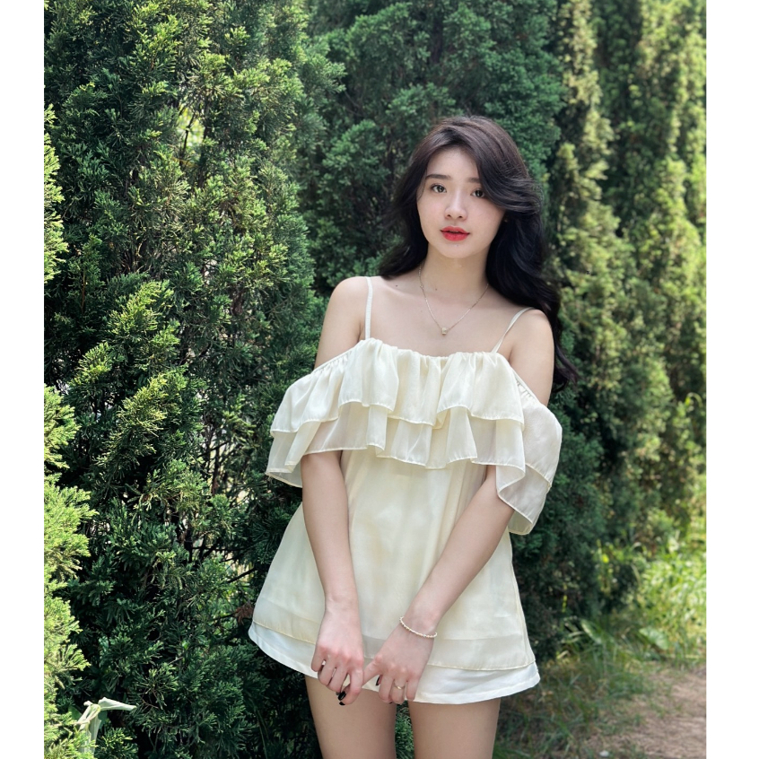 Áo kiểu trễ vai tay bồng tiểu thư ngực nhún bèo 2 tầng điệu đà ulzzang chất voan tơ deliz ChouChou