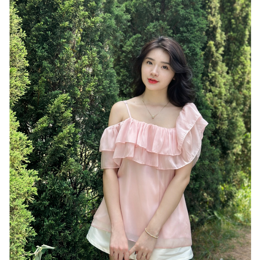 Áo kiểu trễ vai tay bồng tiểu thư ngực nhún bèo 2 tầng điệu đà ulzzang chất voan tơ deliz ChouChou