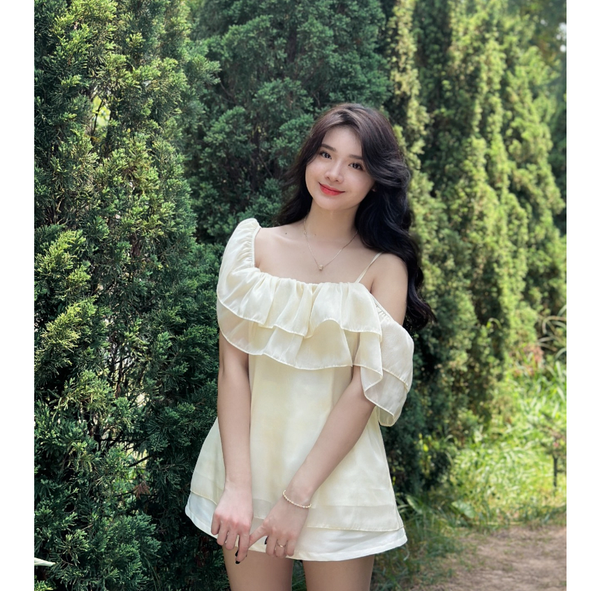 Áo kiểu trễ vai tay bồng tiểu thư ngực nhún bèo 2 tầng điệu đà ulzzang chất voan tơ deliz ChouChou