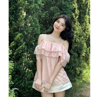 Áo kiểu trễ vai tay bồng tiểu thư ngực nhún bèo 2 tầng điệu đà ulzzang chất voan tơ deliz ChouChou