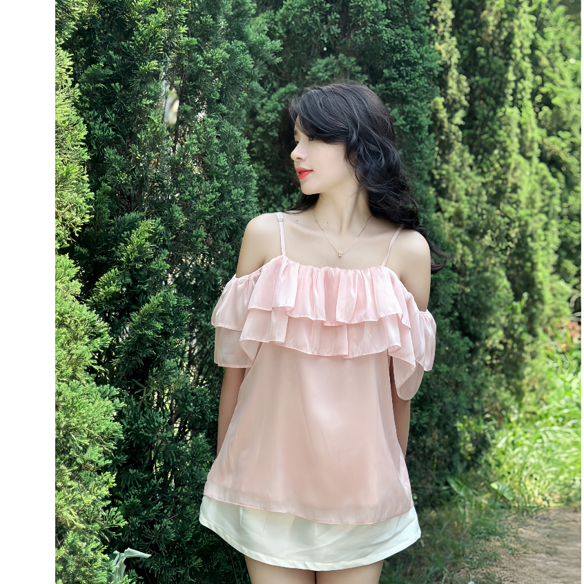Áo kiểu trễ vai tay bồng tiểu thư ngực nhún bèo 2 tầng điệu đà ulzzang chất voan tơ deliz ChouChou