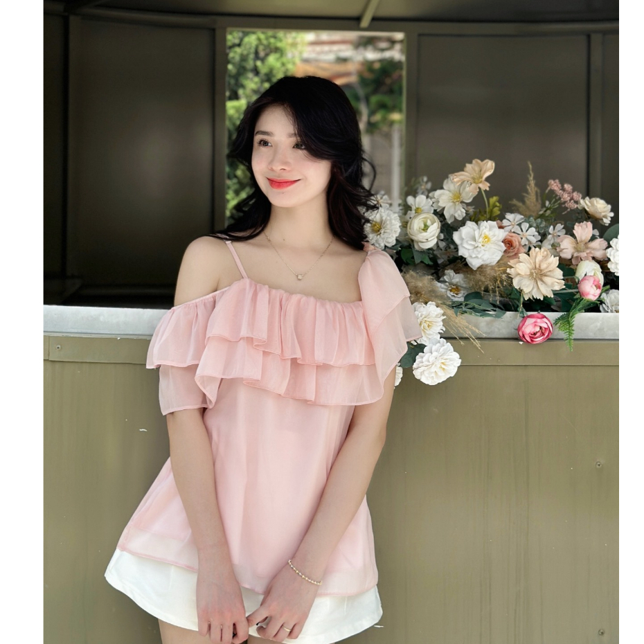 Áo kiểu trễ vai tay bồng tiểu thư ngực nhún bèo 2 tầng điệu đà ulzzang chất voan tơ deliz ChouChou