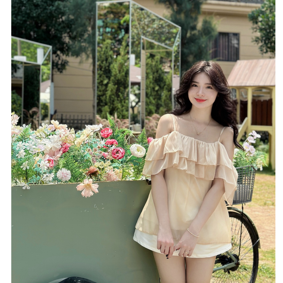 Áo kiểu trễ vai tay bồng tiểu thư ngực nhún bèo 2 tầng điệu đà ulzzang chất voan tơ deliz ChouChou
