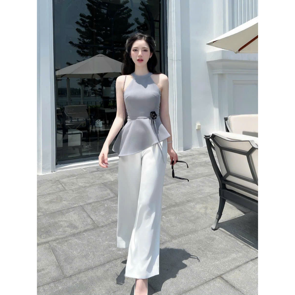 Set áo peplum cổ yếm vạt chéo mix quần suông xinh xắn