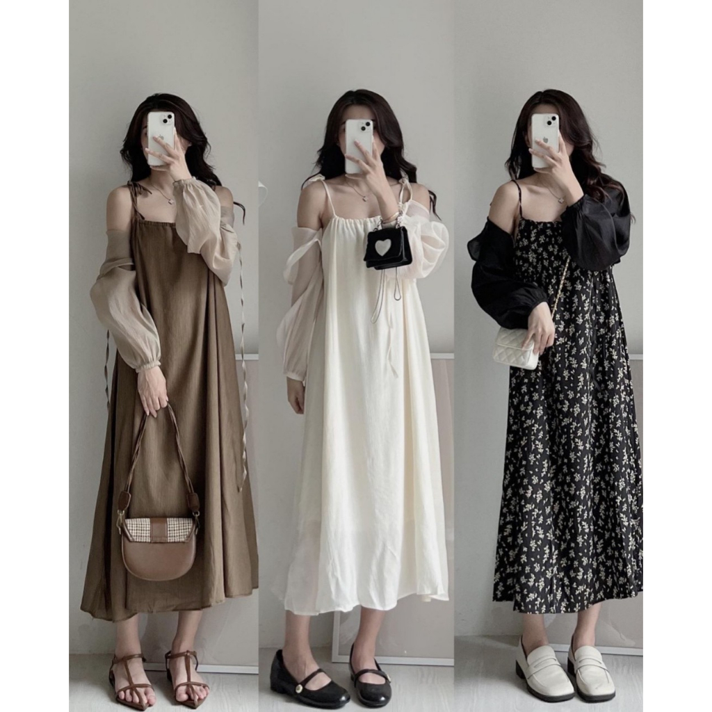 SET VÁY ĐŨI 2 DÂY + ÁO KHOÁC VOAN LỬNG doubleh.clo - Set 2 món váy suông 2 dây hoa nhí basic kèm áo voan tơ croptop 2346