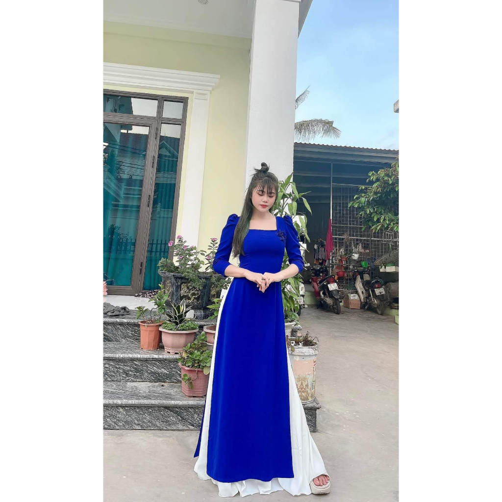 Áo Dài Cổ Vuông Tay Bồng Đính Hoa- Áo Dài Cà Ri