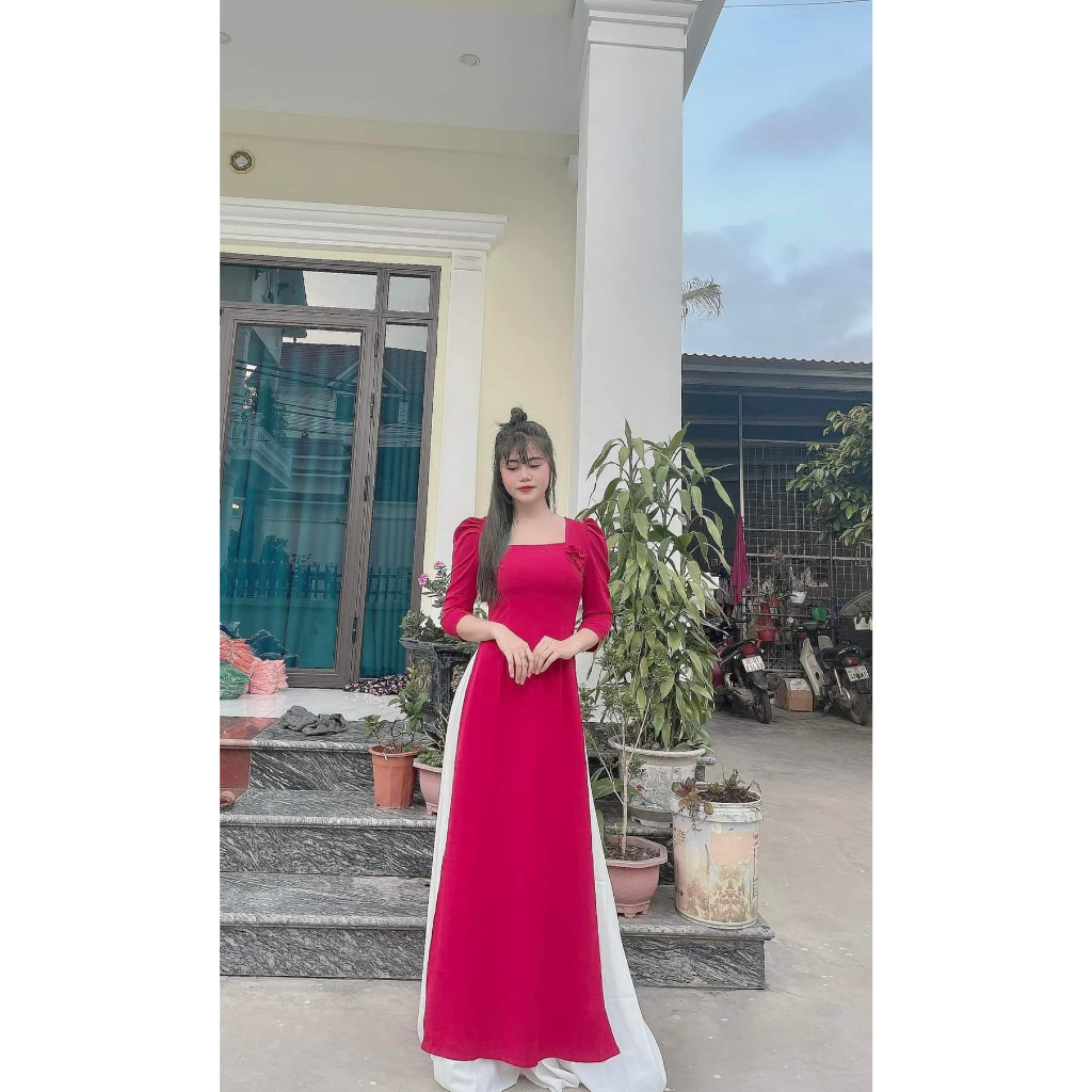 Áo Dài Cổ Vuông Tay Bồng Đính Hoa- Áo Dài Cà Ri