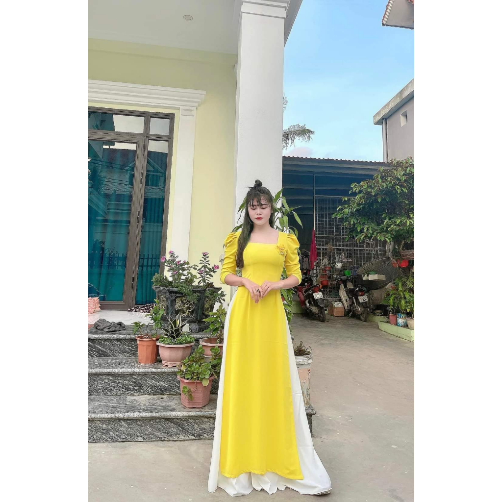Áo Dài Cổ Vuông Tay Bồng Đính Hoa- Áo Dài Cà Ri