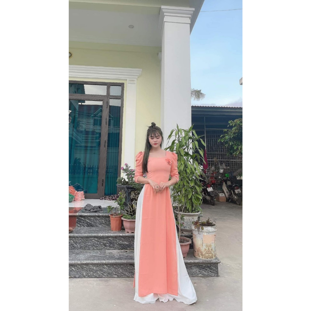 Áo Dài Cổ Vuông Tay Bồng Đính Hoa- Áo Dài Cà Ri