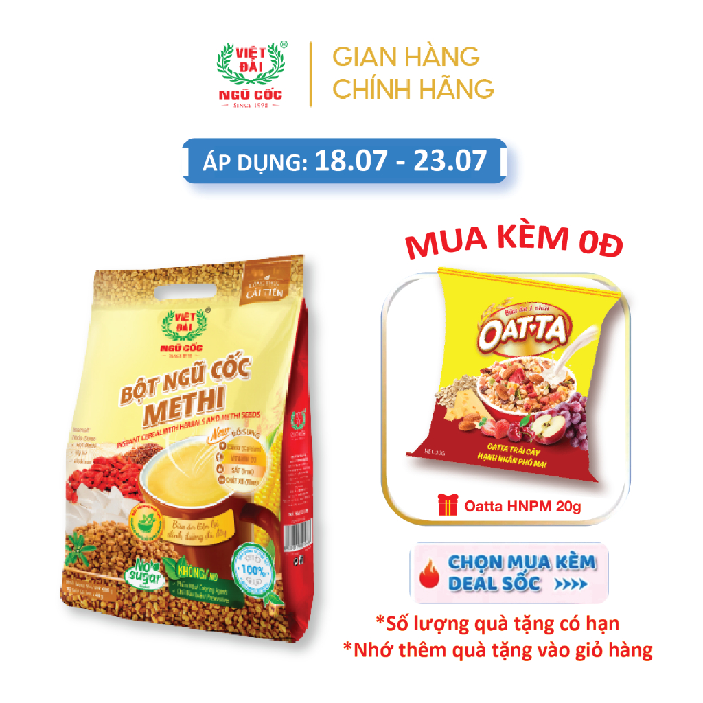 Combo 5 Bột Ngũ Cốc Methi VIỆT ĐÀI Không Đường Thích Hợp Dành Cho Người Giảm Cân Eat Clean Túi 600g
