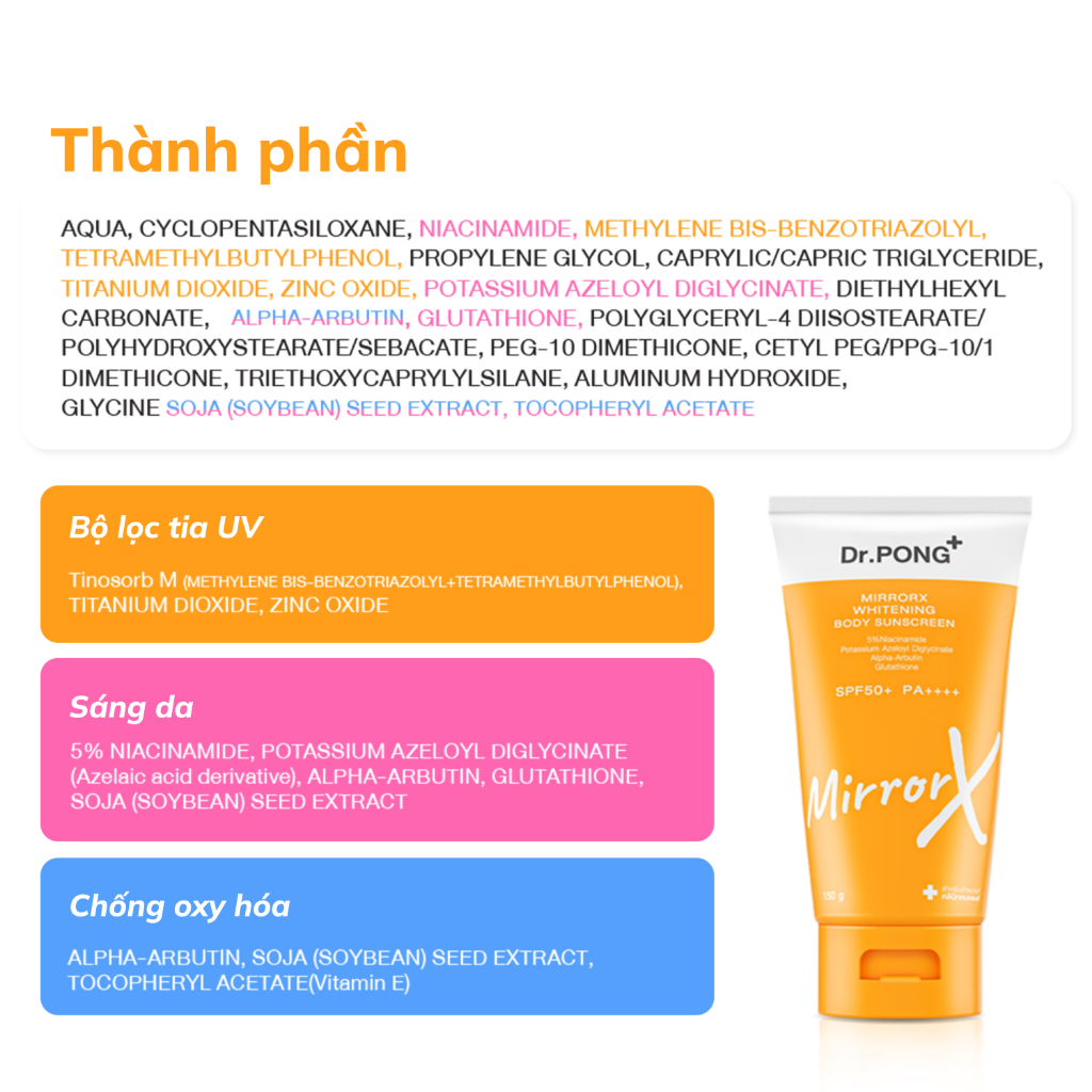 Kem chống nắng toàn thân Dr.PONG MirrorX whitening SPF50+ PA++++ 150g